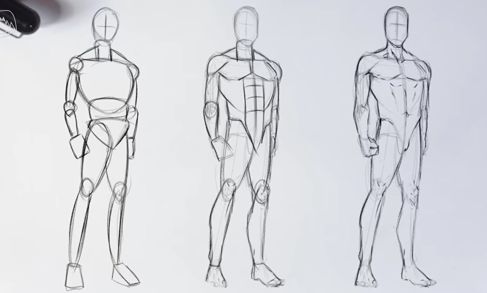 Three human figure drawings, mannequin sketch, detailed anatomical structure, and muscular outline