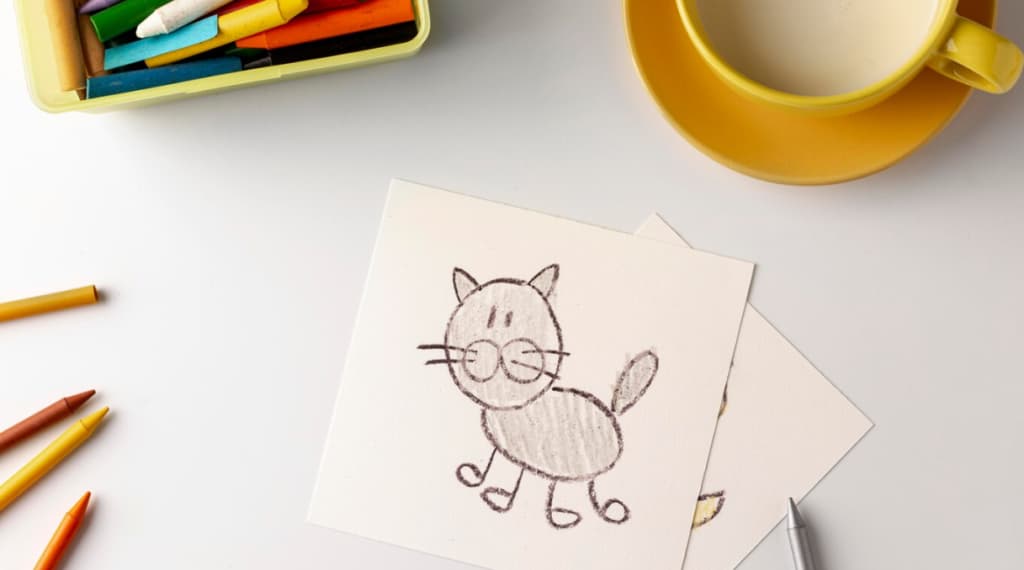 Child-like drawing of a cat, next to crayons and a coffee cup