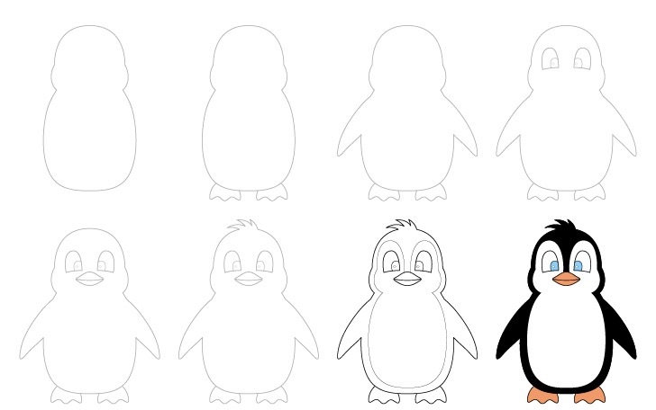 Step-by-step penguin illustrations